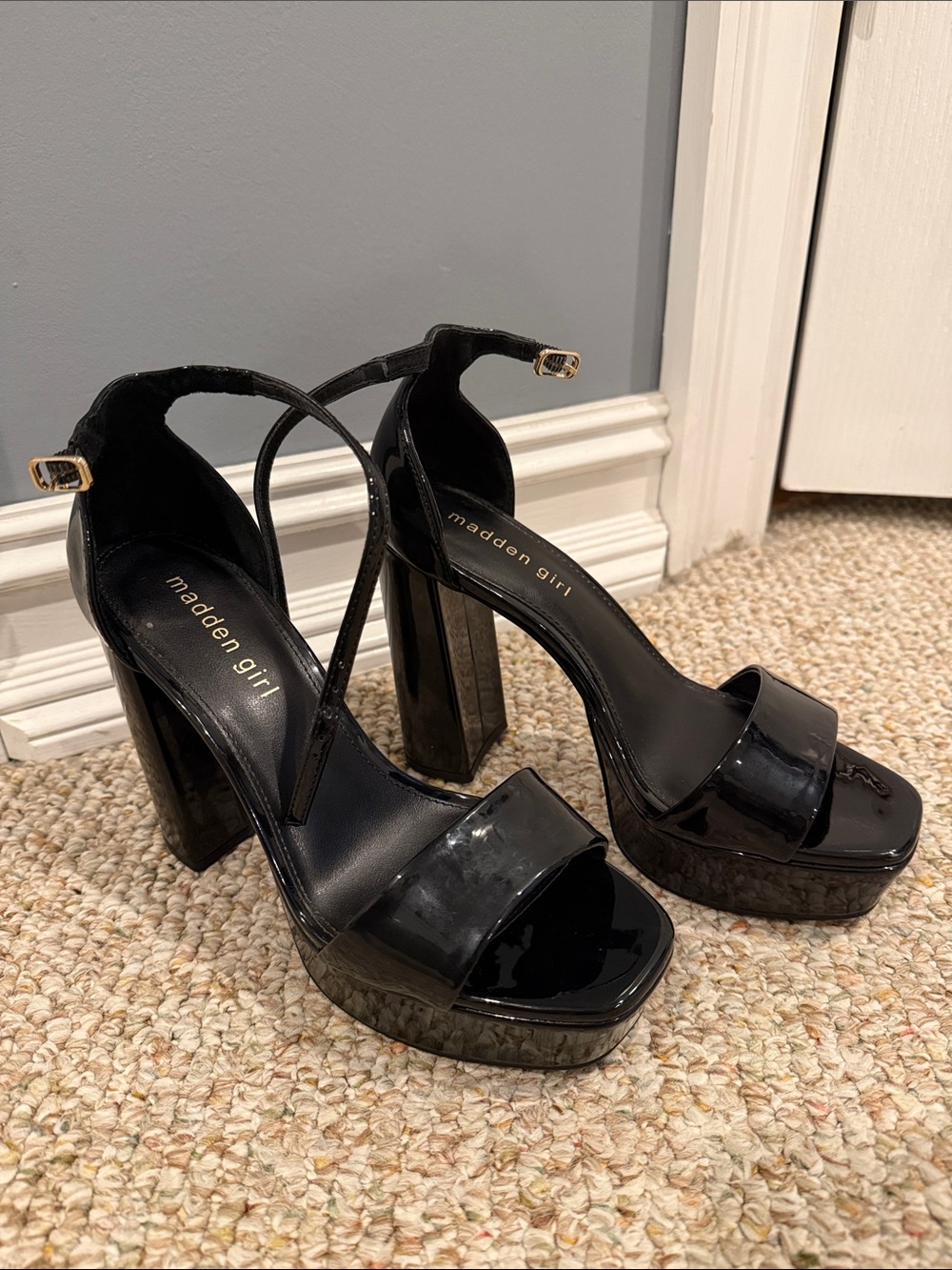 Madden Girl Black Patent Ankle-Strap Block Heels